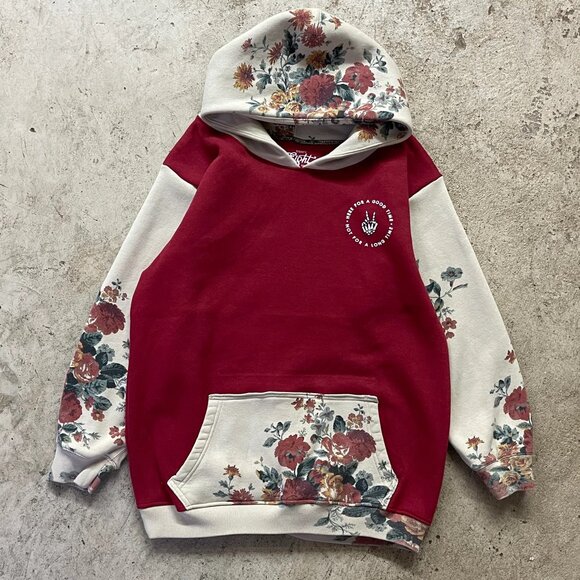 Handmade Tops - Here for a Good Time, Not For a Long Time Red Floral Hoodie Rework Sweatshirt L